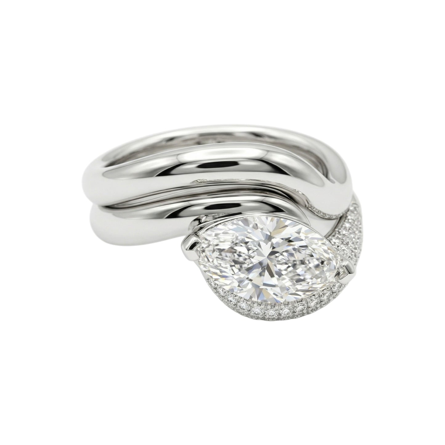 Silver ring with a large diamond on a white background