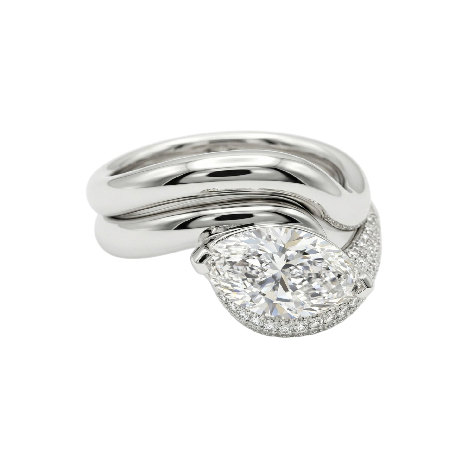Silver ring with a large diamond on a white background