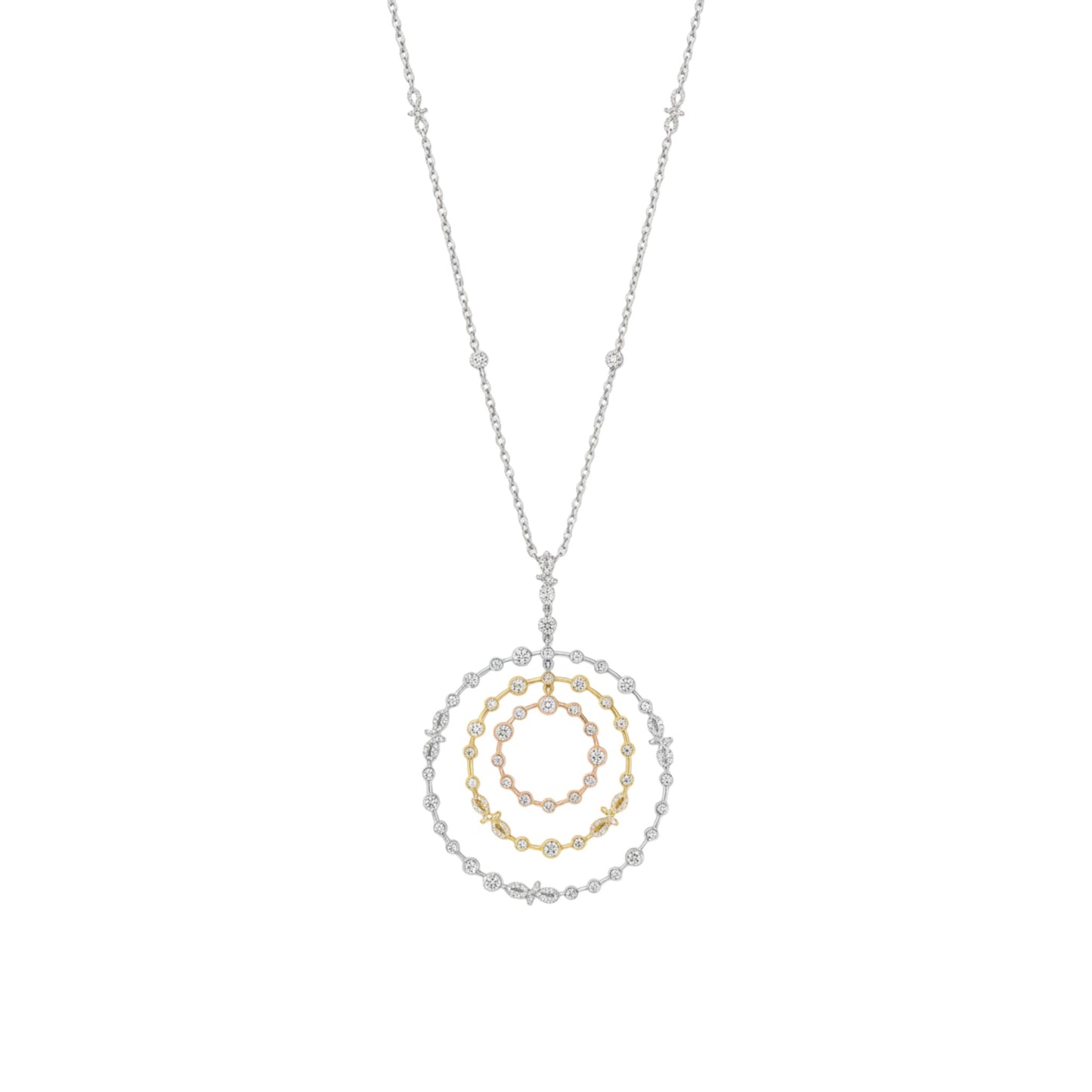 Necklace with a circular pendant featuring gold and silver chains on a white background