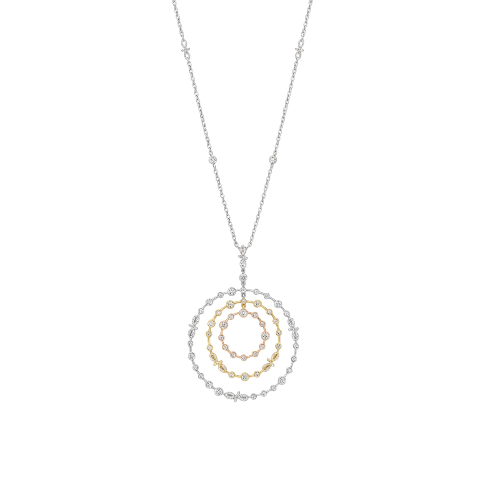Necklace with a circular pendant featuring gold and silver chains on a white background