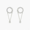 Pair of silver hoop earrings with chain drops on a white background