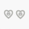 Heart-shaped silver earrings with clear gemstones on a white background