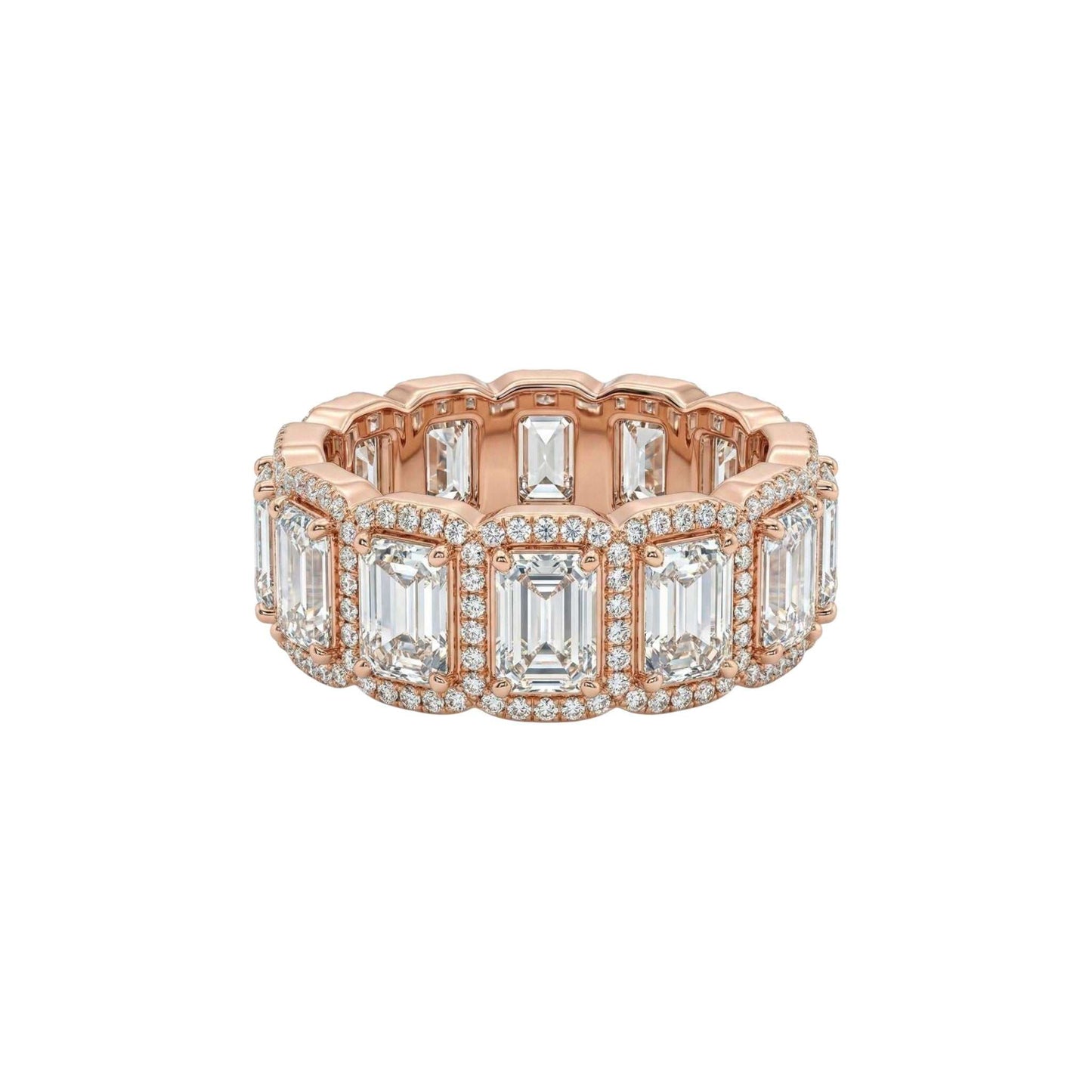 Eternity Baguette Cut CZ Band in 18KT gold with rectangular cubic zirconia stones and pavé accents