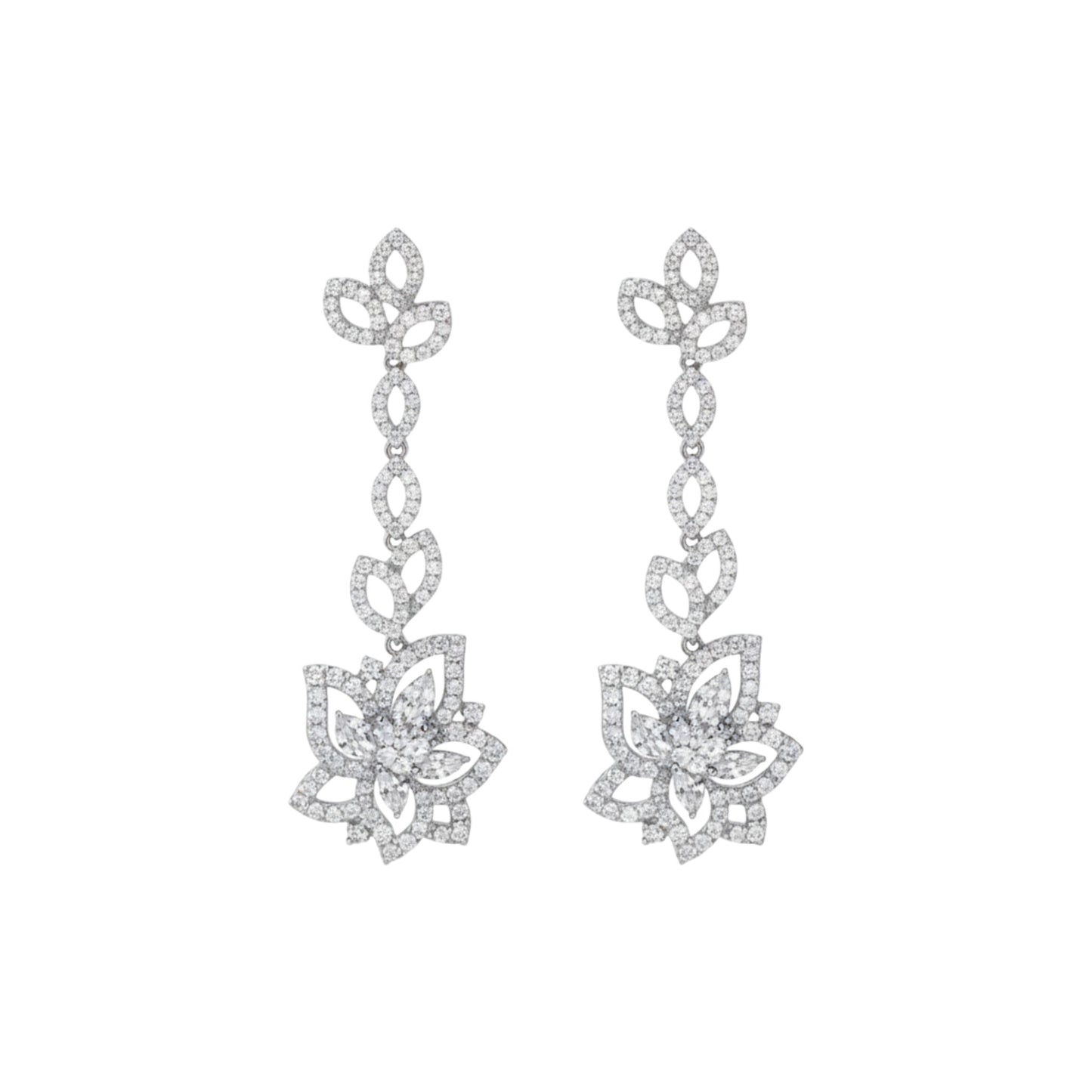 Pair of silver floral earrings on a white background