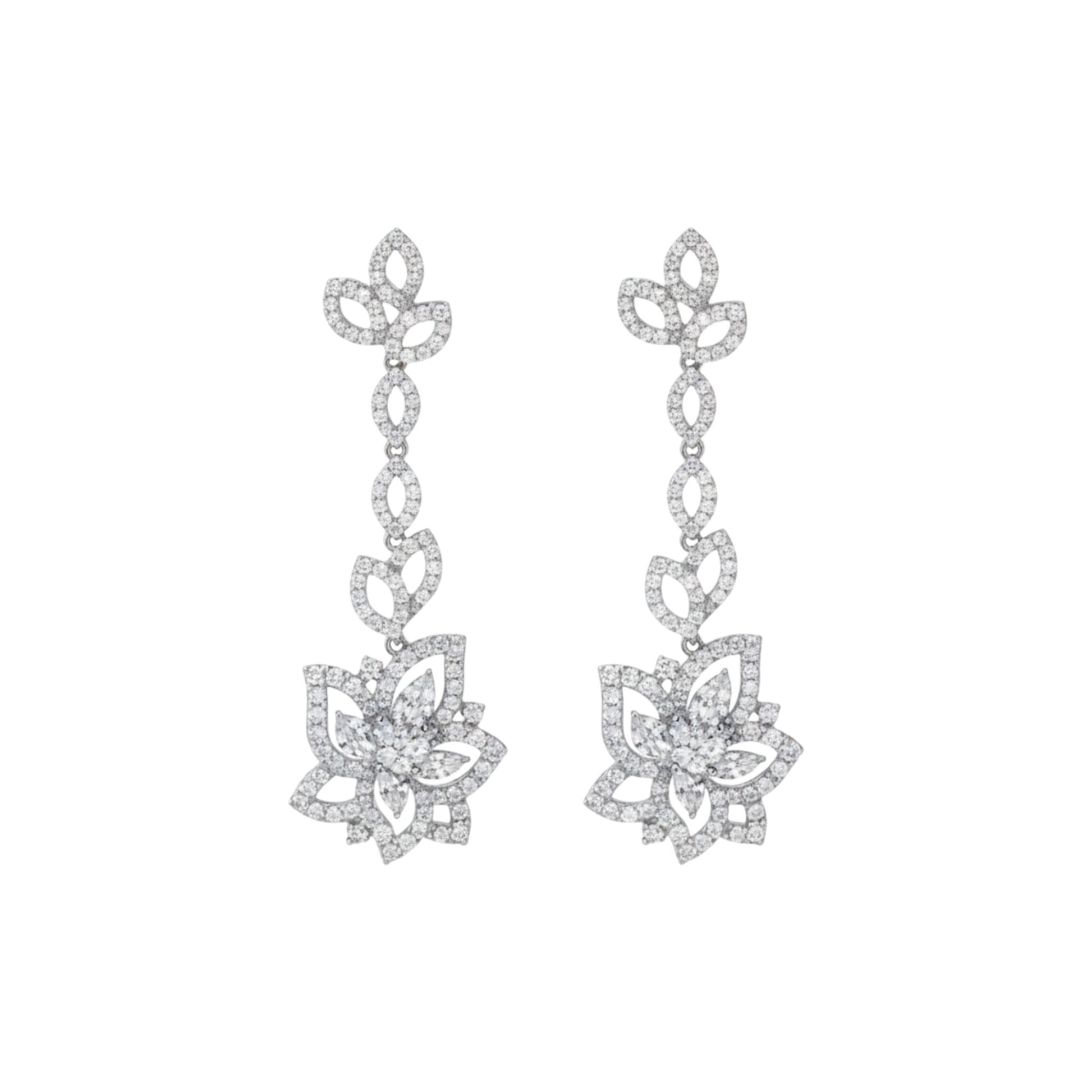 Pair of silver floral earrings on a white background