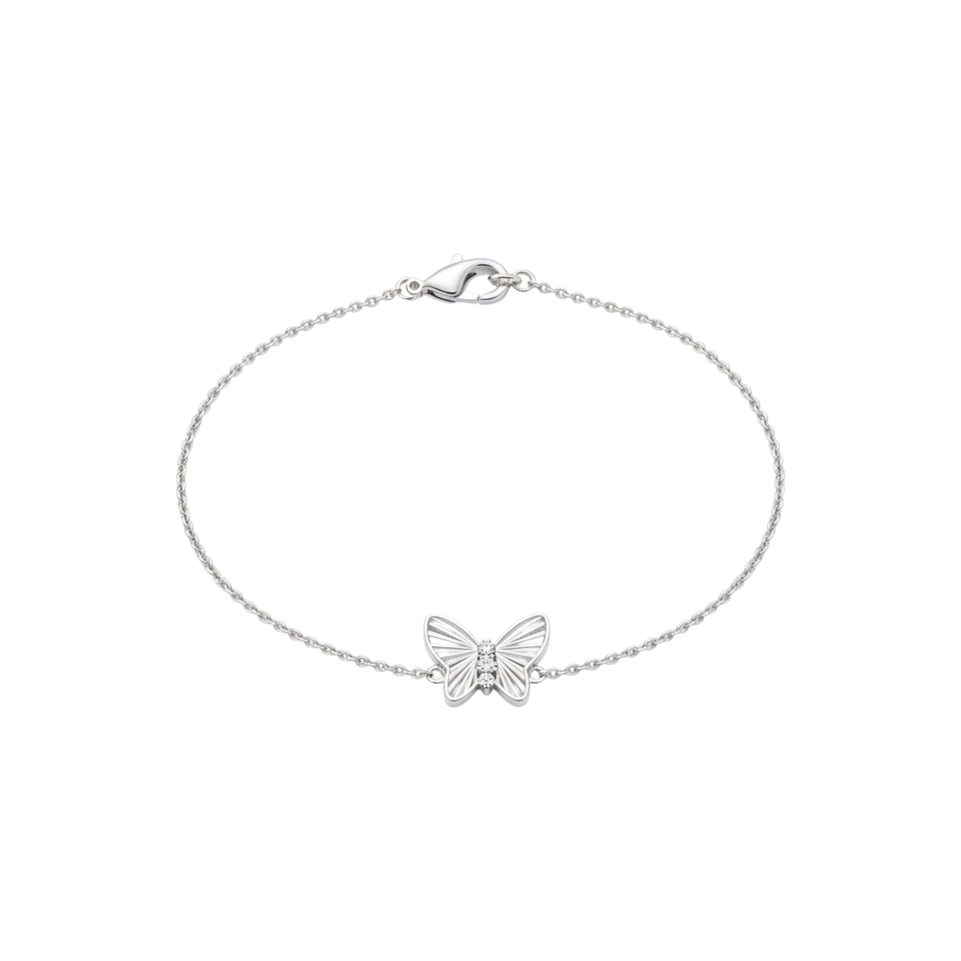 Silver butterfly bracelet on a white background