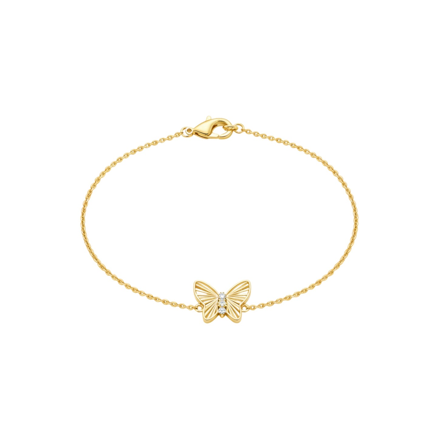 Gold bracelet with a butterfly charm on a white background