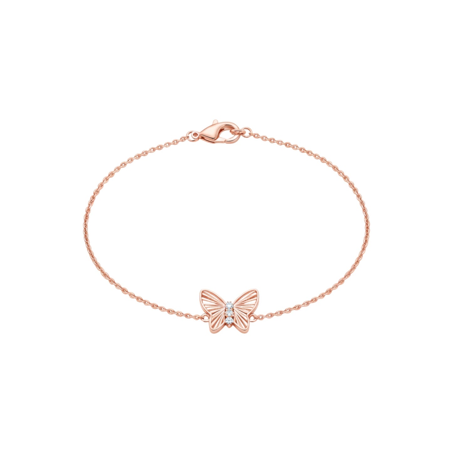 Rose gold butterfly bracelet on a white background