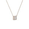 Rose gold necklace with a square diamond pendant on a white background