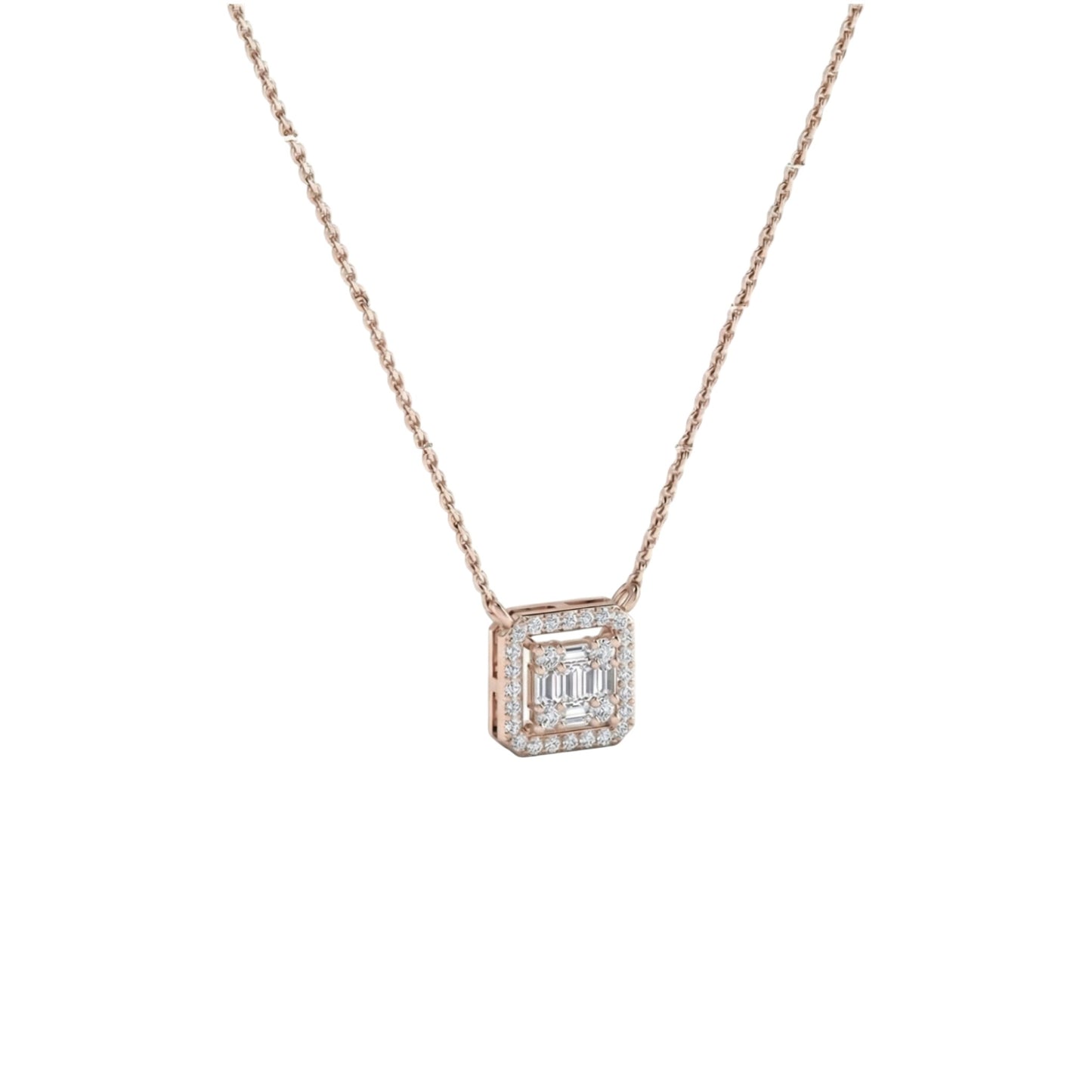Rose gold necklace with a square diamond pendant on a white background