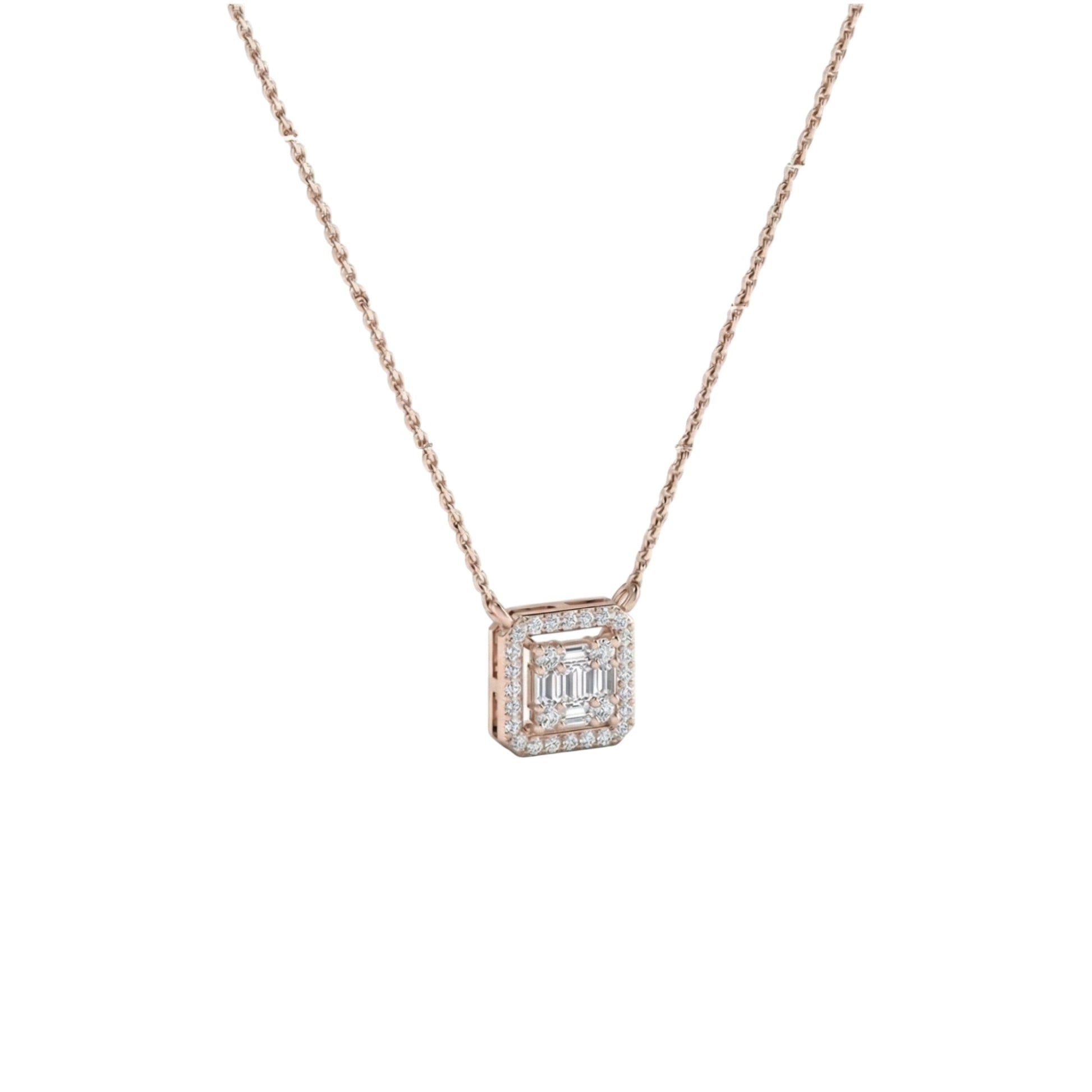 Rose gold necklace with a square diamond pendant on a white background