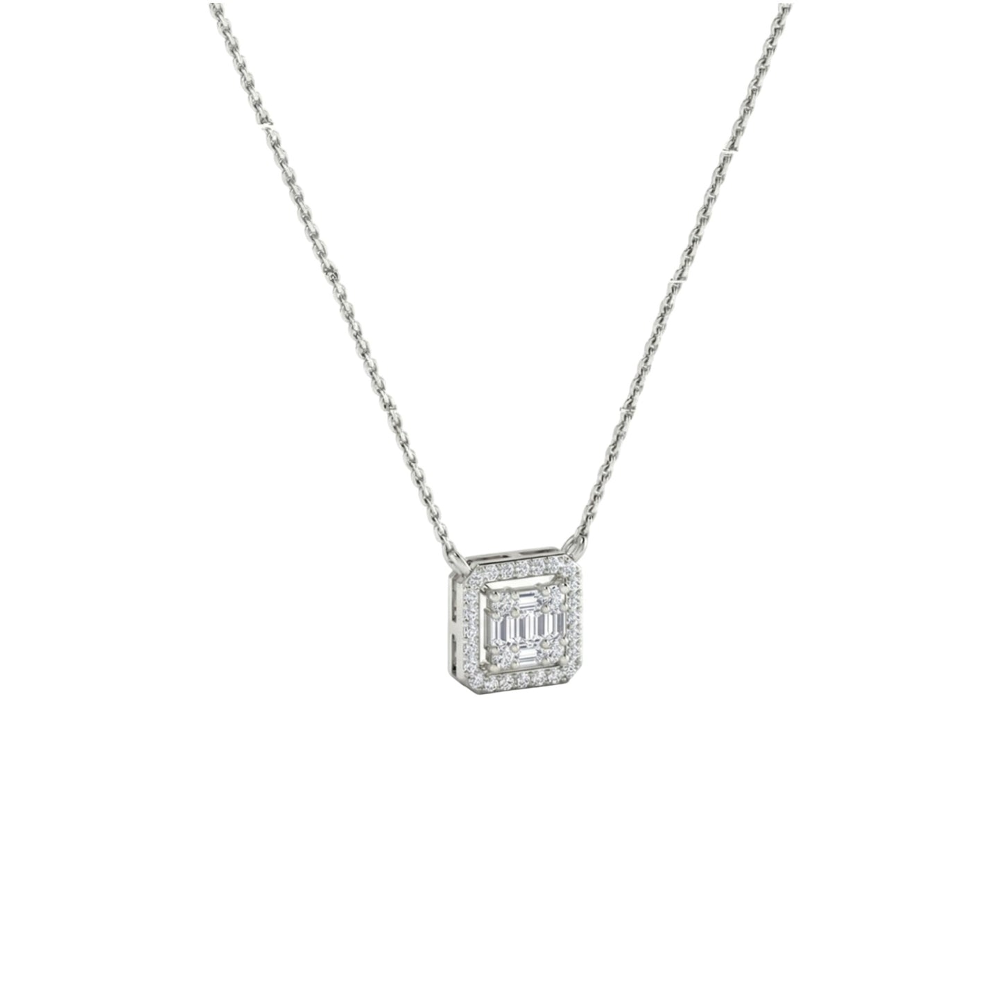 Diamond necklace with a square pendant on a white background