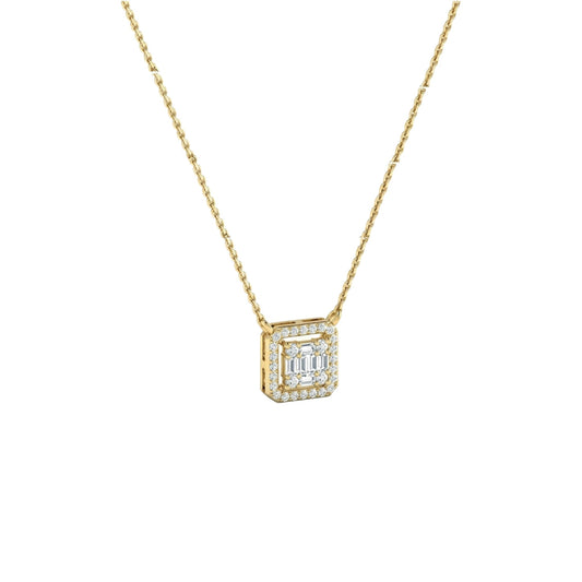 Gold necklace with a square pendant on a white background