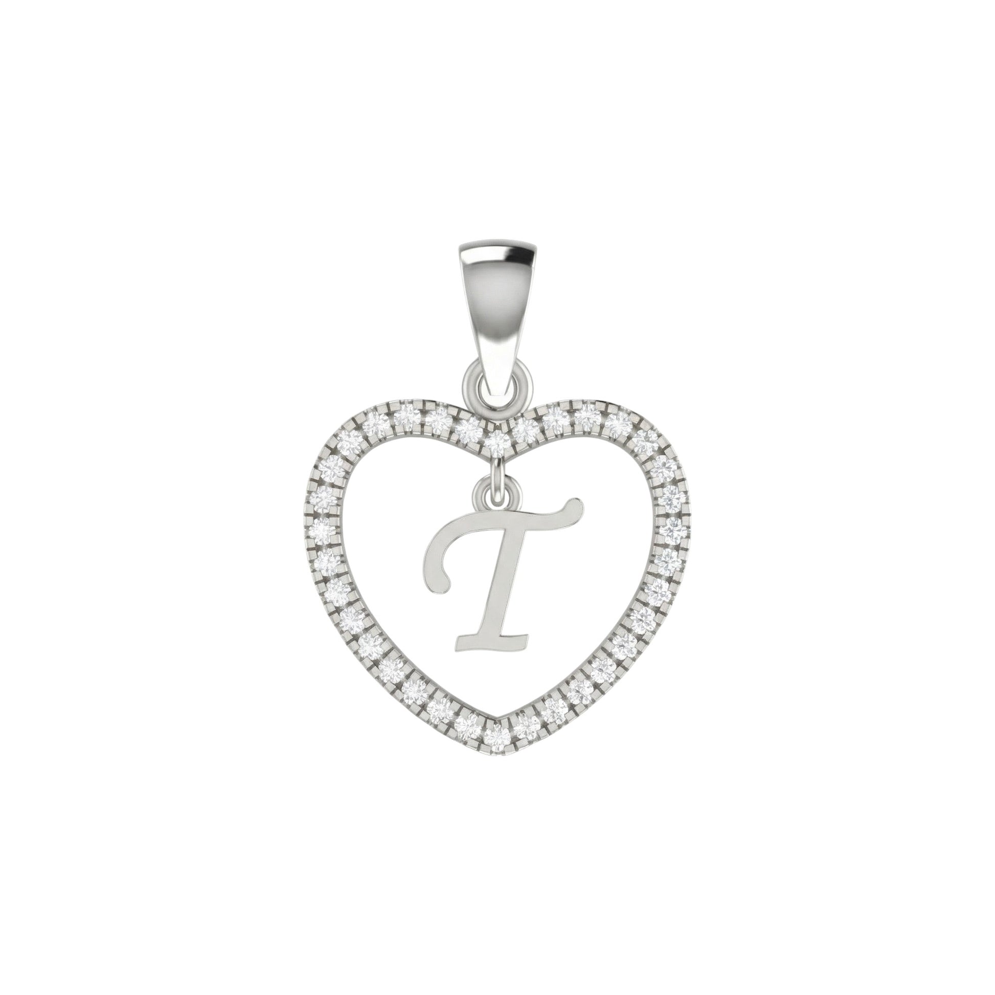 Silver heart-shaped pendant with 'T' and diamonds on a white background