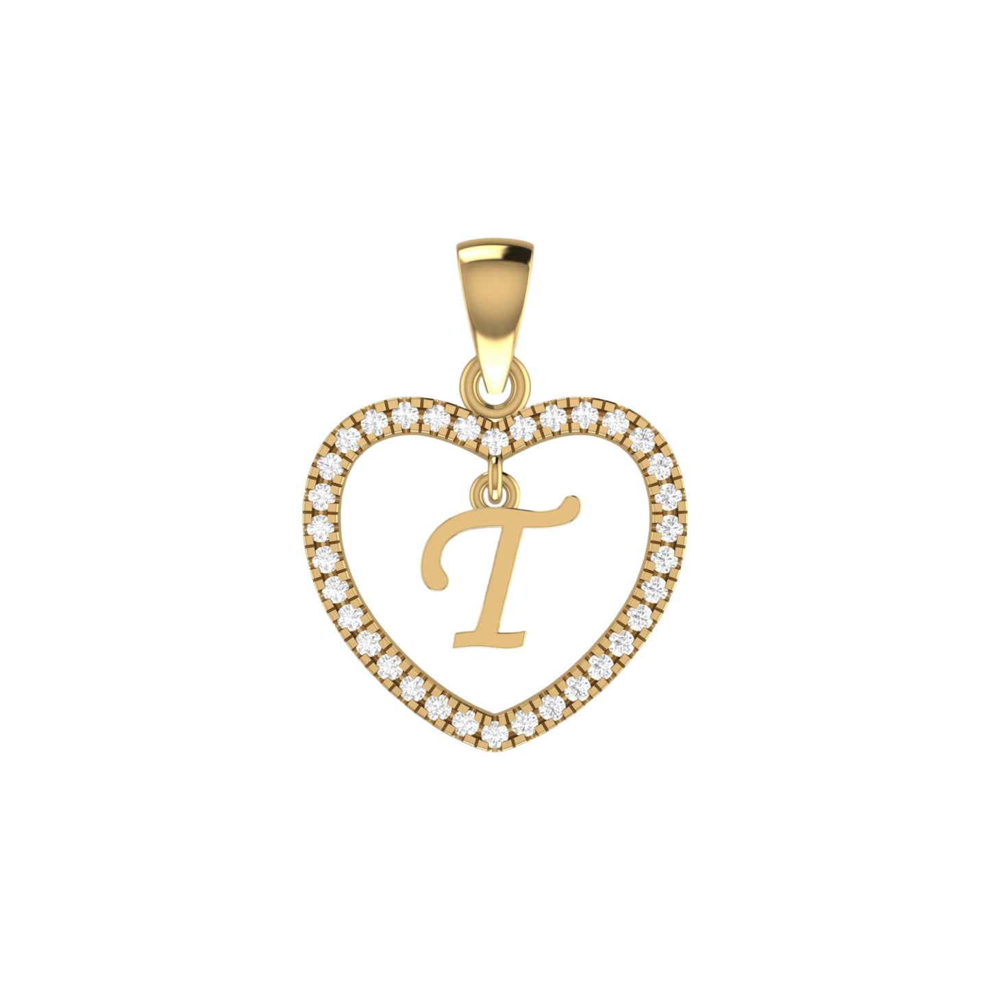 Gold heart-shaped pendant with letter 'T' and diamonds on a white background