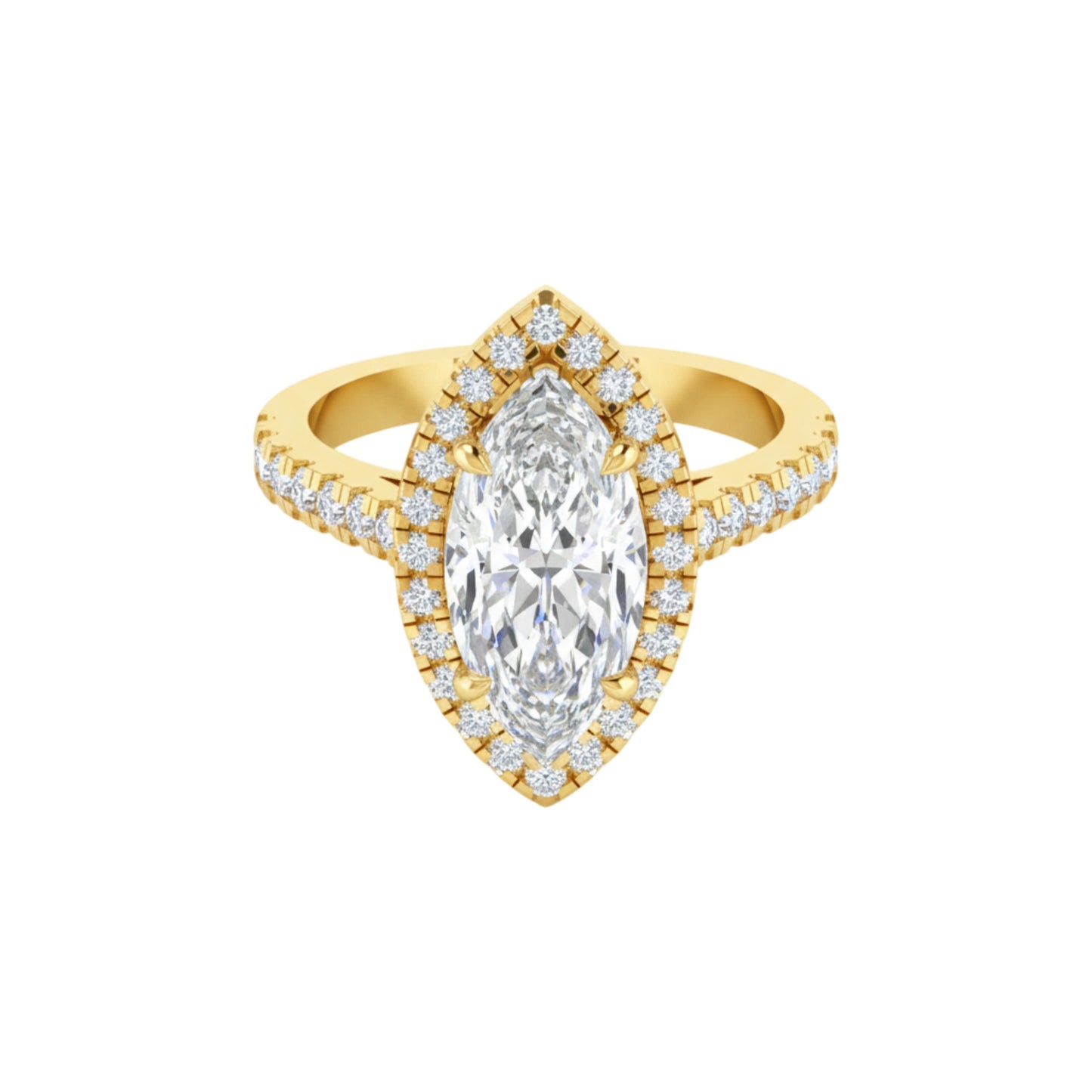 Gold ring with a large diamond and smaller diamonds on a white background