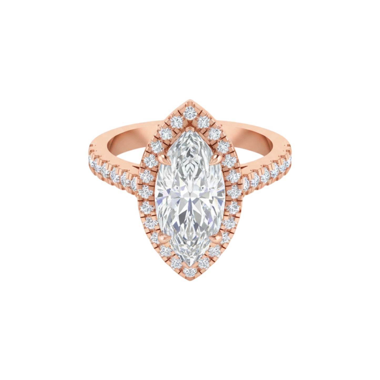 Rose gold ring with a large diamond and smaller diamonds on a white background