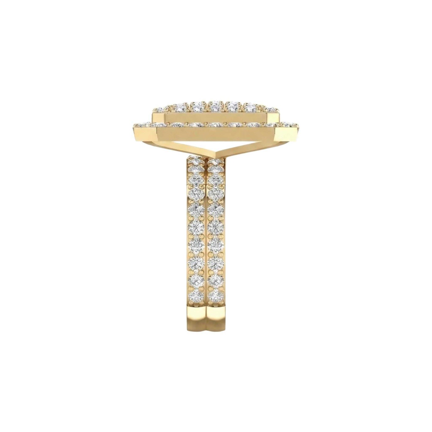 Gold earring with diamond accents on a white background