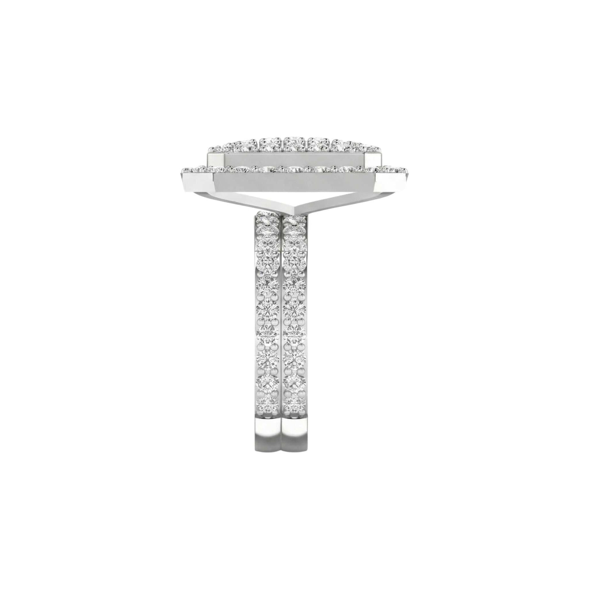 Diamond ring with a hexagonal top and vertical prong setting on a white background