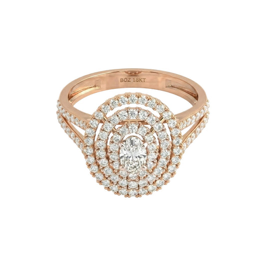 Rose gold ring with diamond accents on a white background