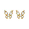 Butterfly-shaped earrings with gold and clear gemstone details on a white background