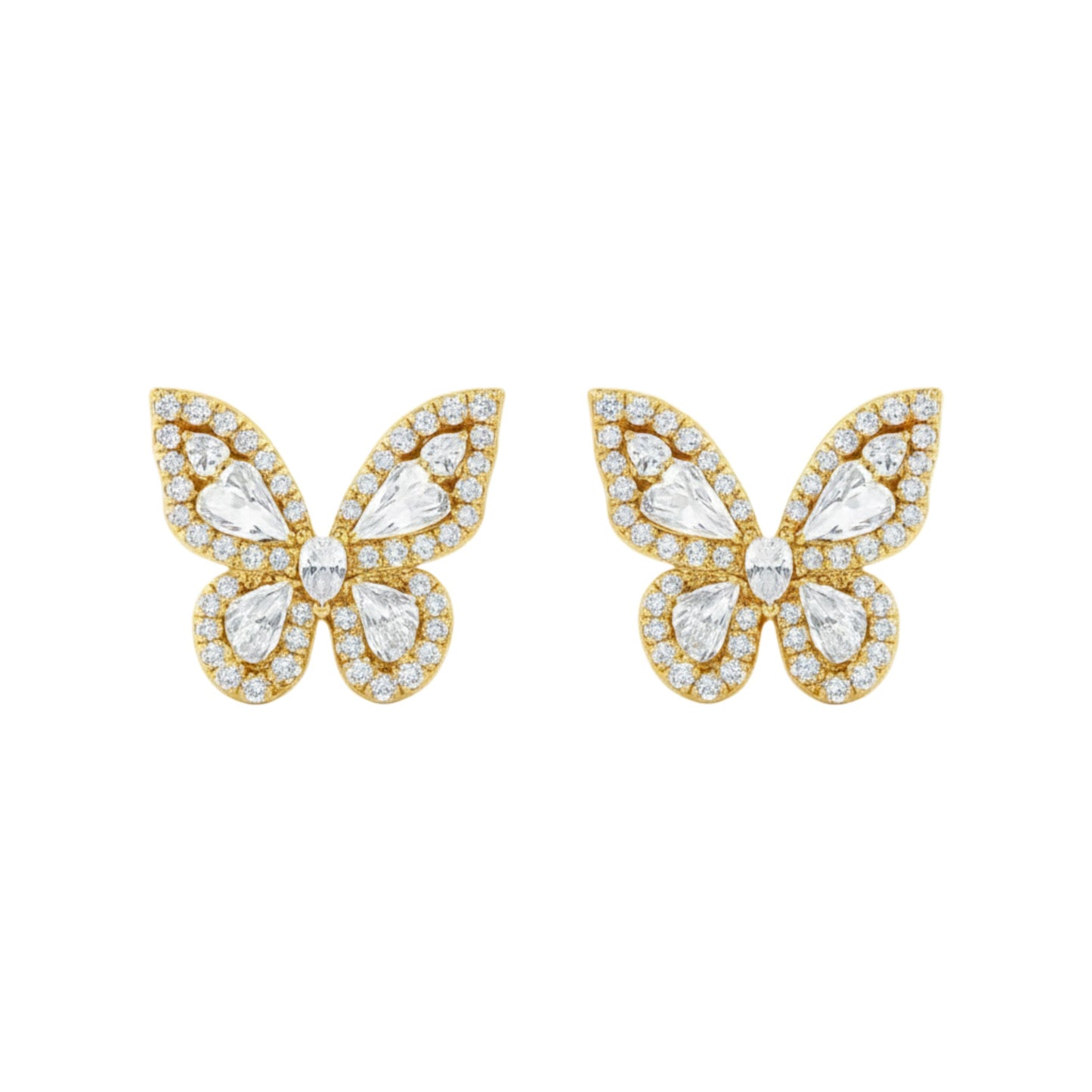 Butterfly-shaped earrings with gold and clear gemstone details on a white background