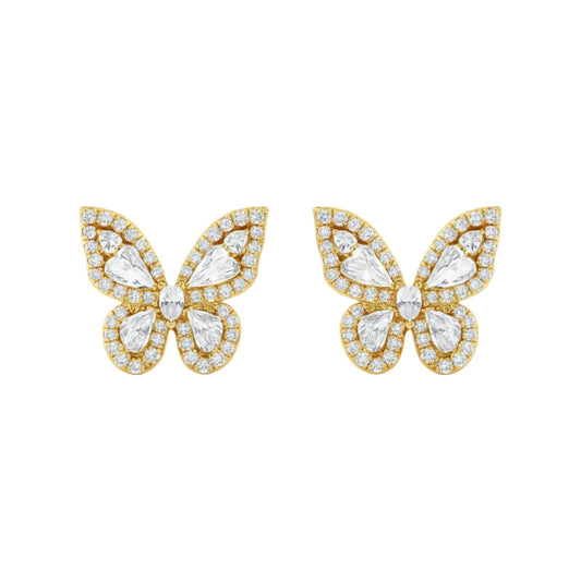 Butterfly-shaped earrings with gold and clear gemstone details on a white background