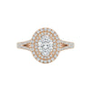 Rose gold ring with a large central diamond and smaller diamonds around on a white background