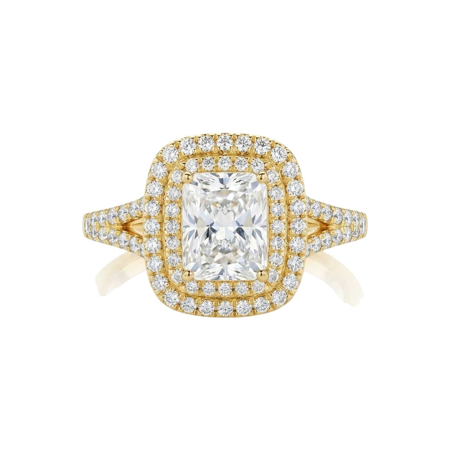 Kylie Radiant Cut Moissanite engagement ring with double halo natural diamonds in 18KT gold