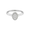 Silver ring with a diamond oval center on a white background