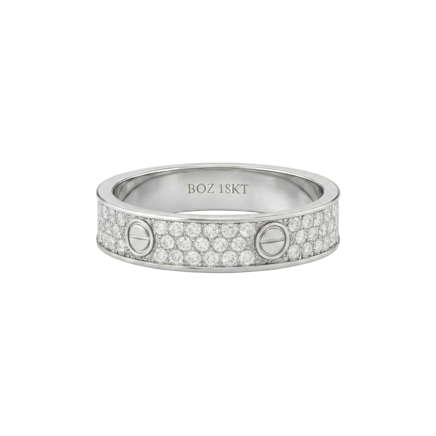 Silver ring with embedded diamonds on a white background