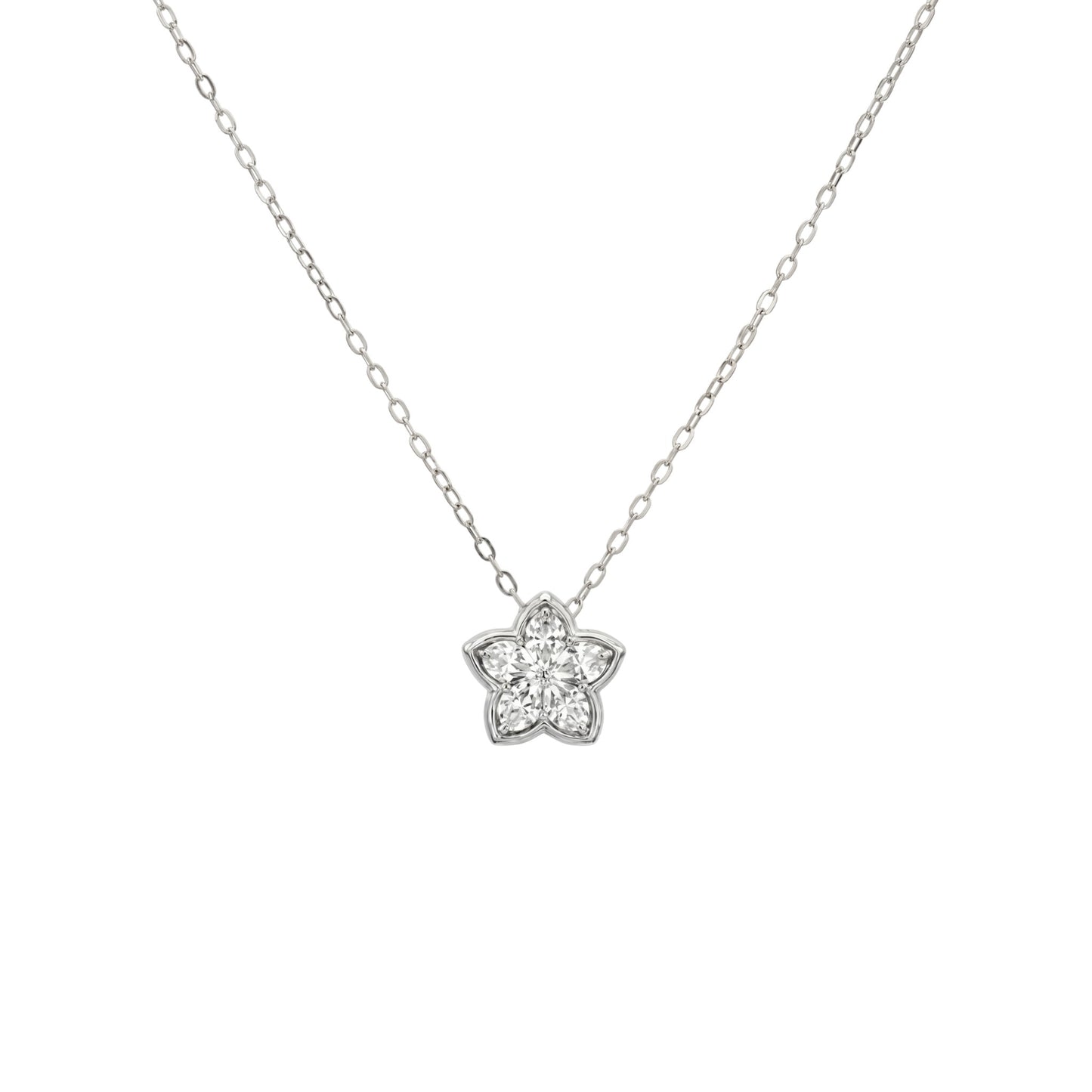 Silver necklace with a star-shaped pendant on a white background
