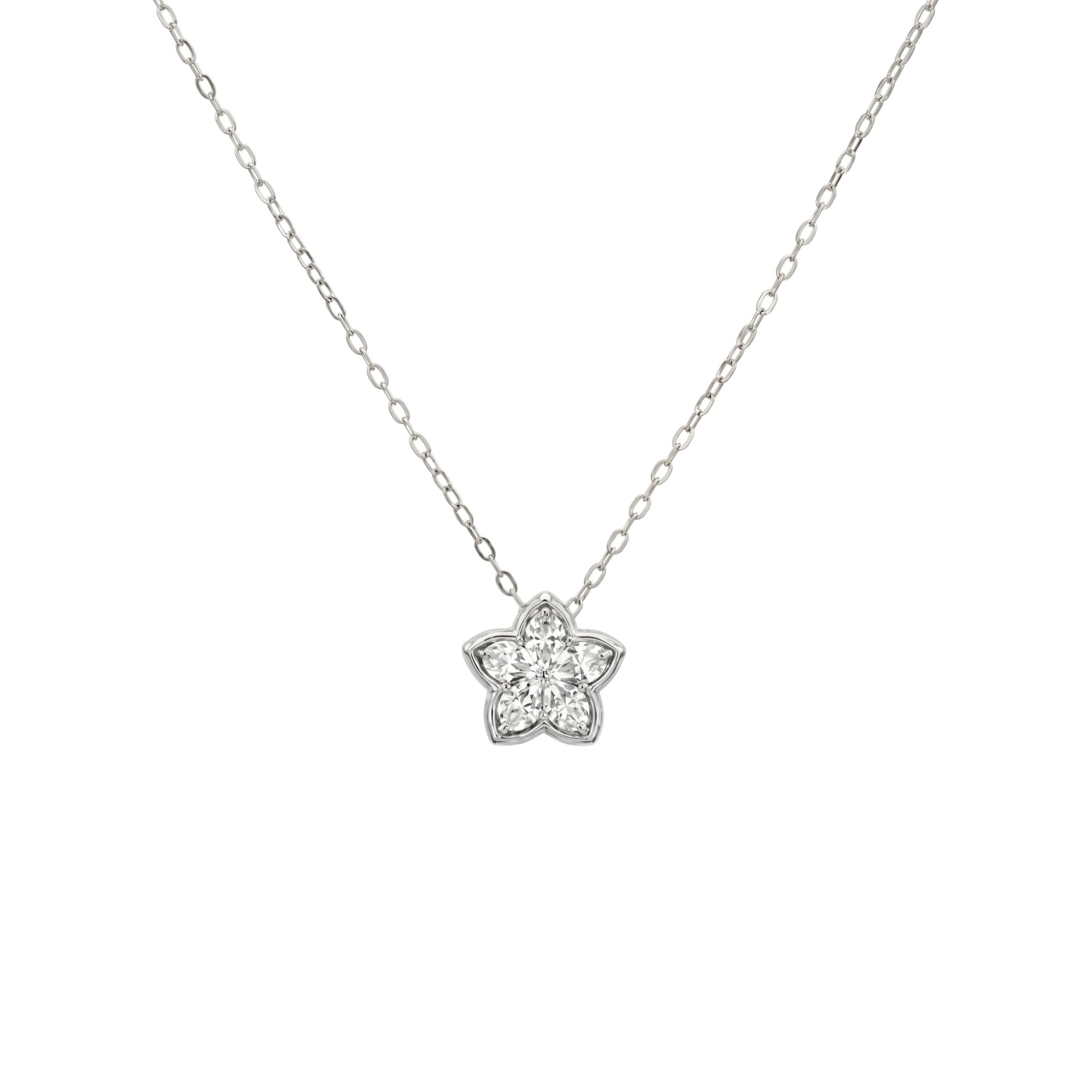 Silver necklace with a star-shaped pendant on a white background