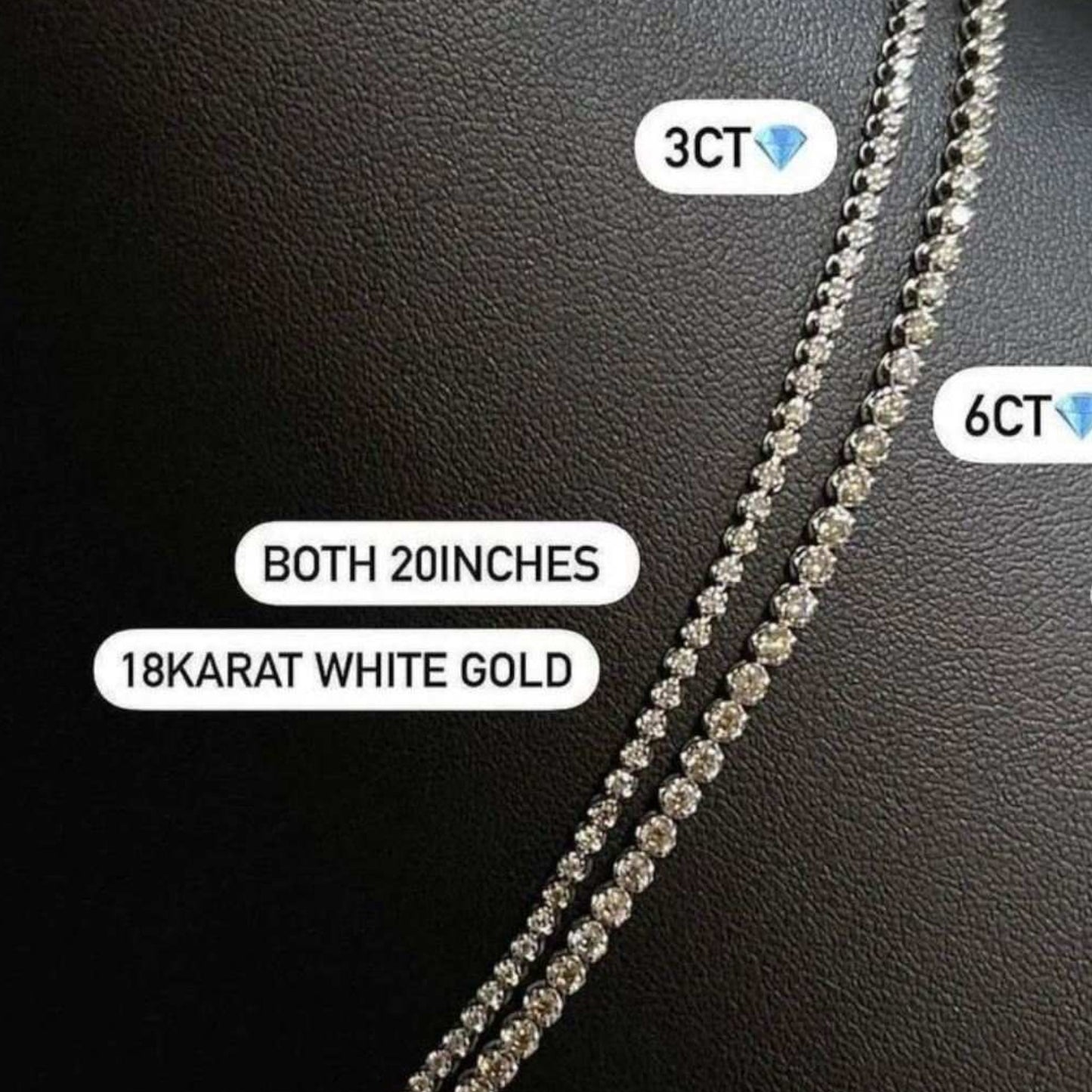 Two diamond chains on a black leather surface with measurements and karat details.