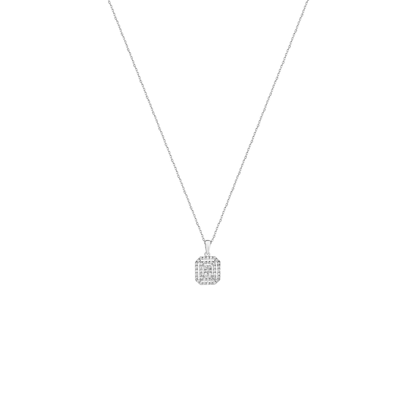 Silver necklace with a square pendant on a white background