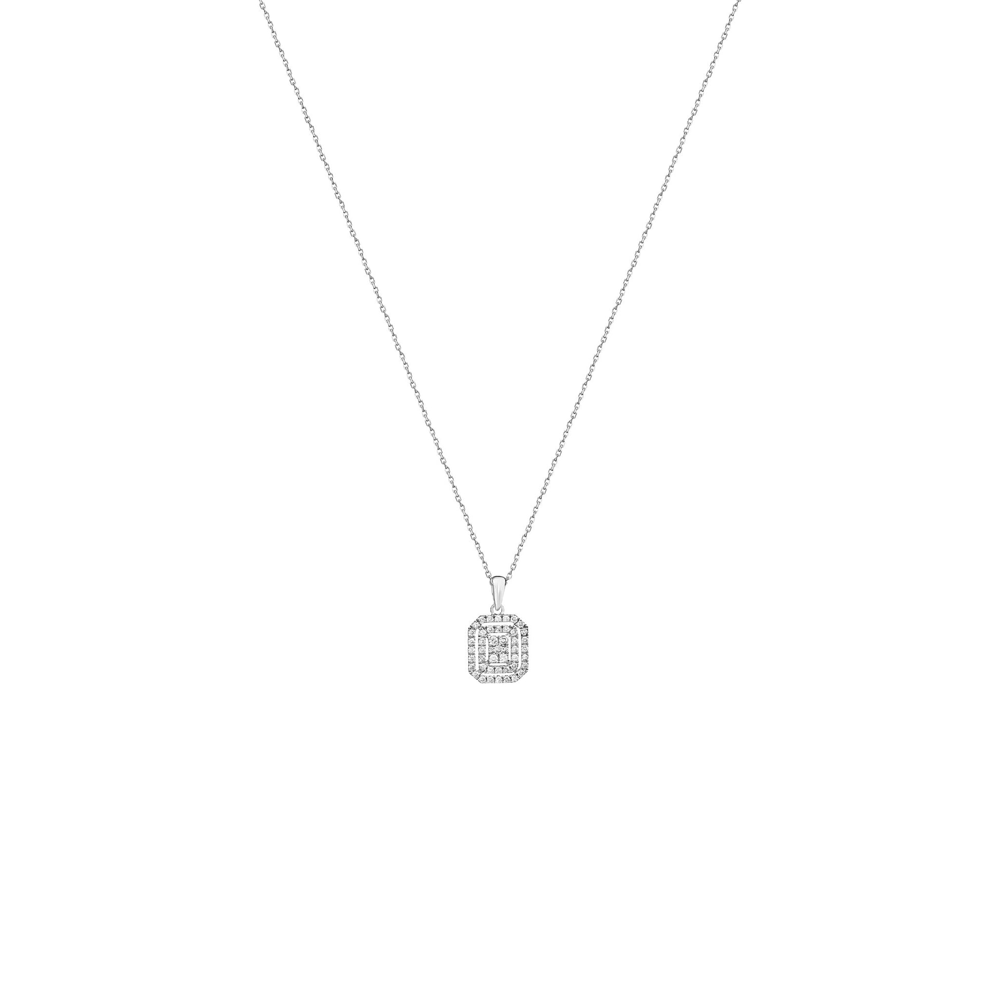Silver necklace with a square pendant on a white background