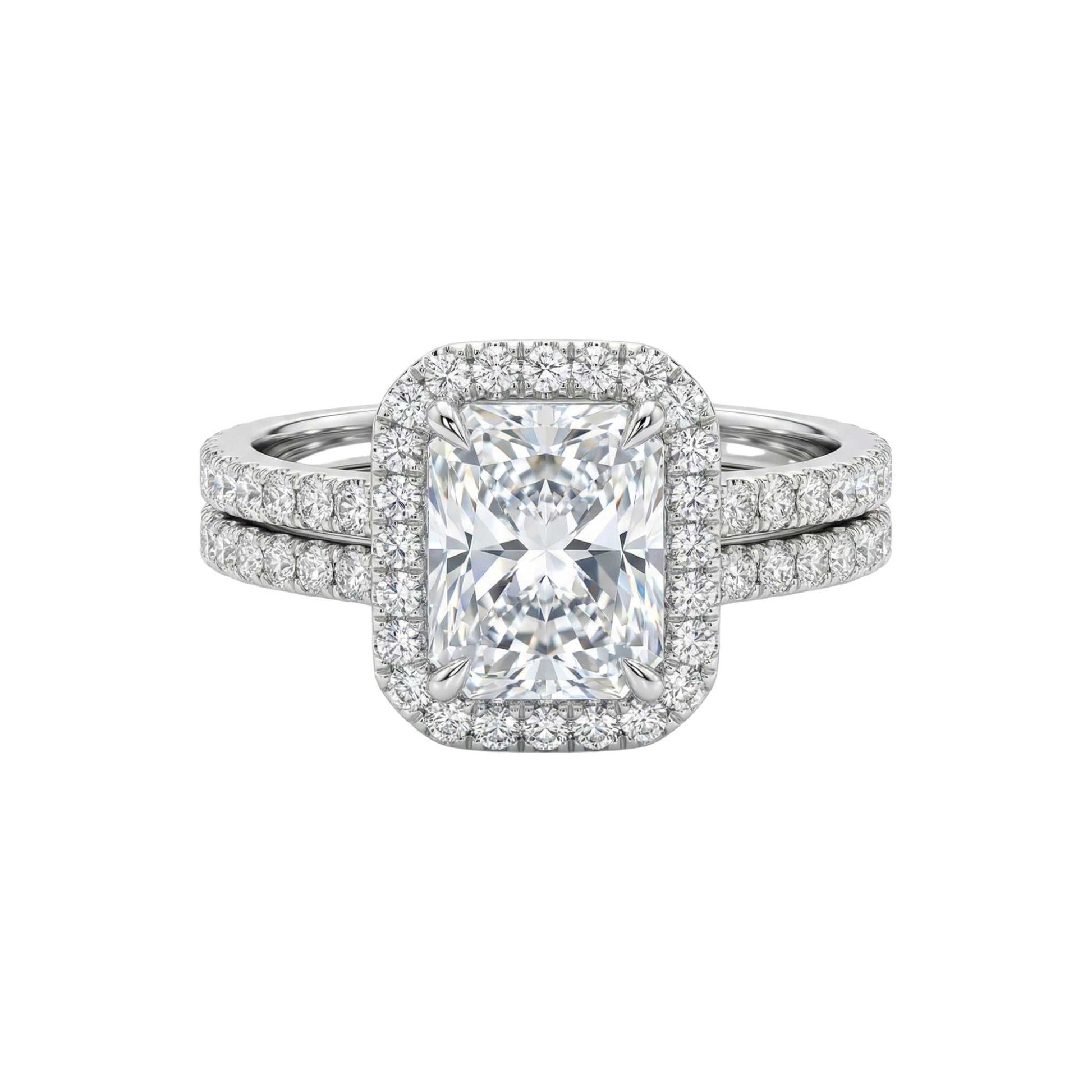 Mia Princess Cut Moissanite bridal set in 925 sterling silver with pavé pavé band and halo detailing