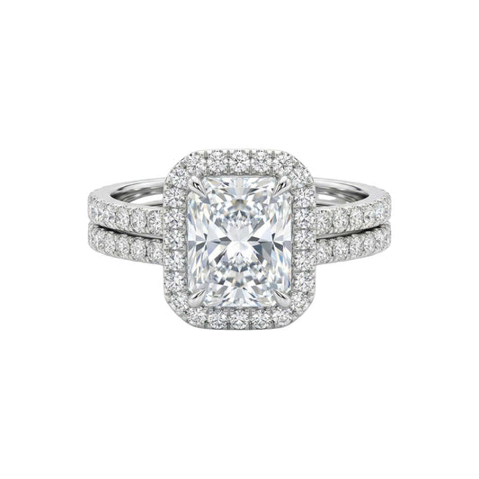 Mia Princess Cut Moissanite bridal set in 925 sterling silver with pavé pavé band and halo detailing