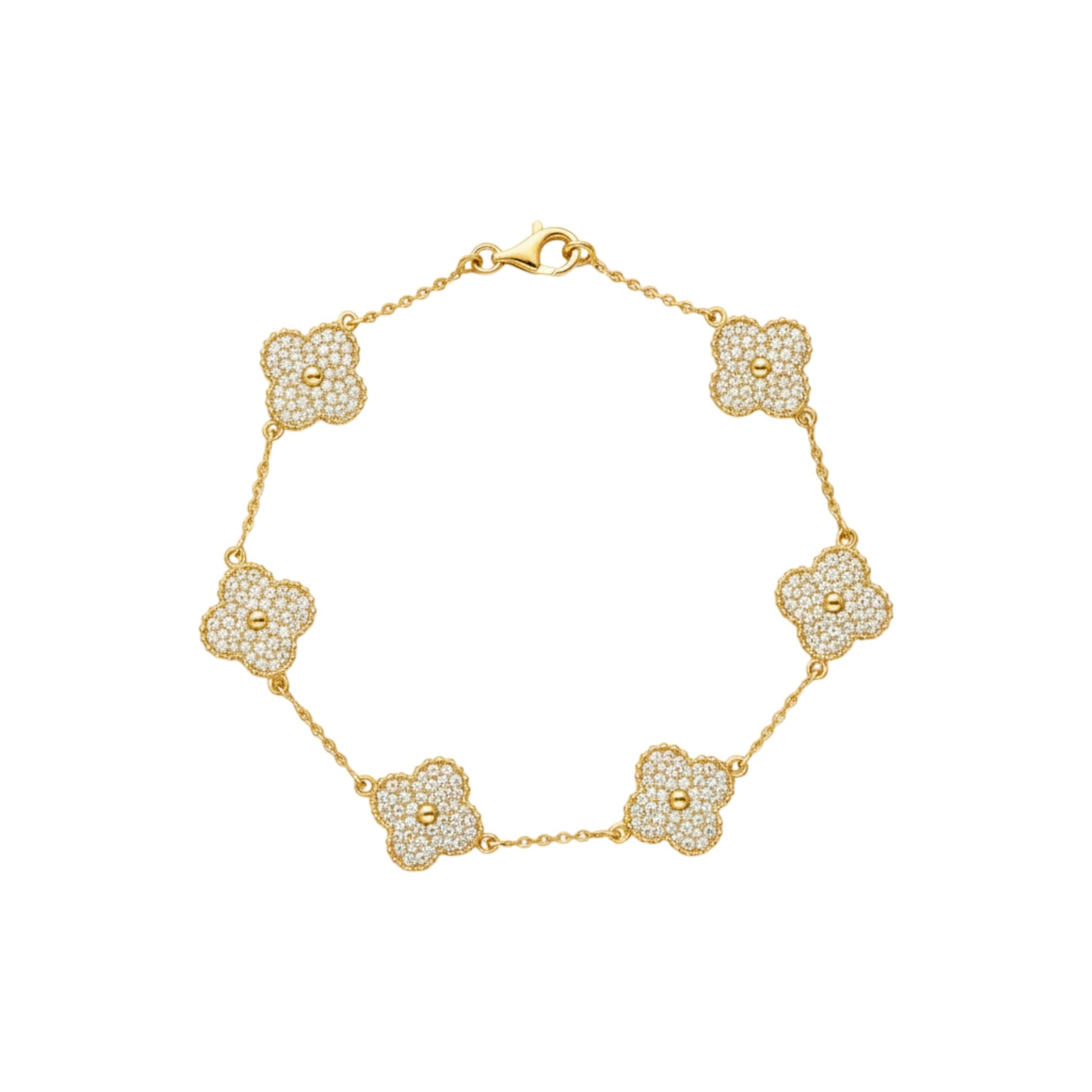 Gold bracelet with floral designs on a white background