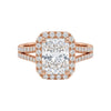 Rose gold ring with a large diamond and smaller diamonds on a white background