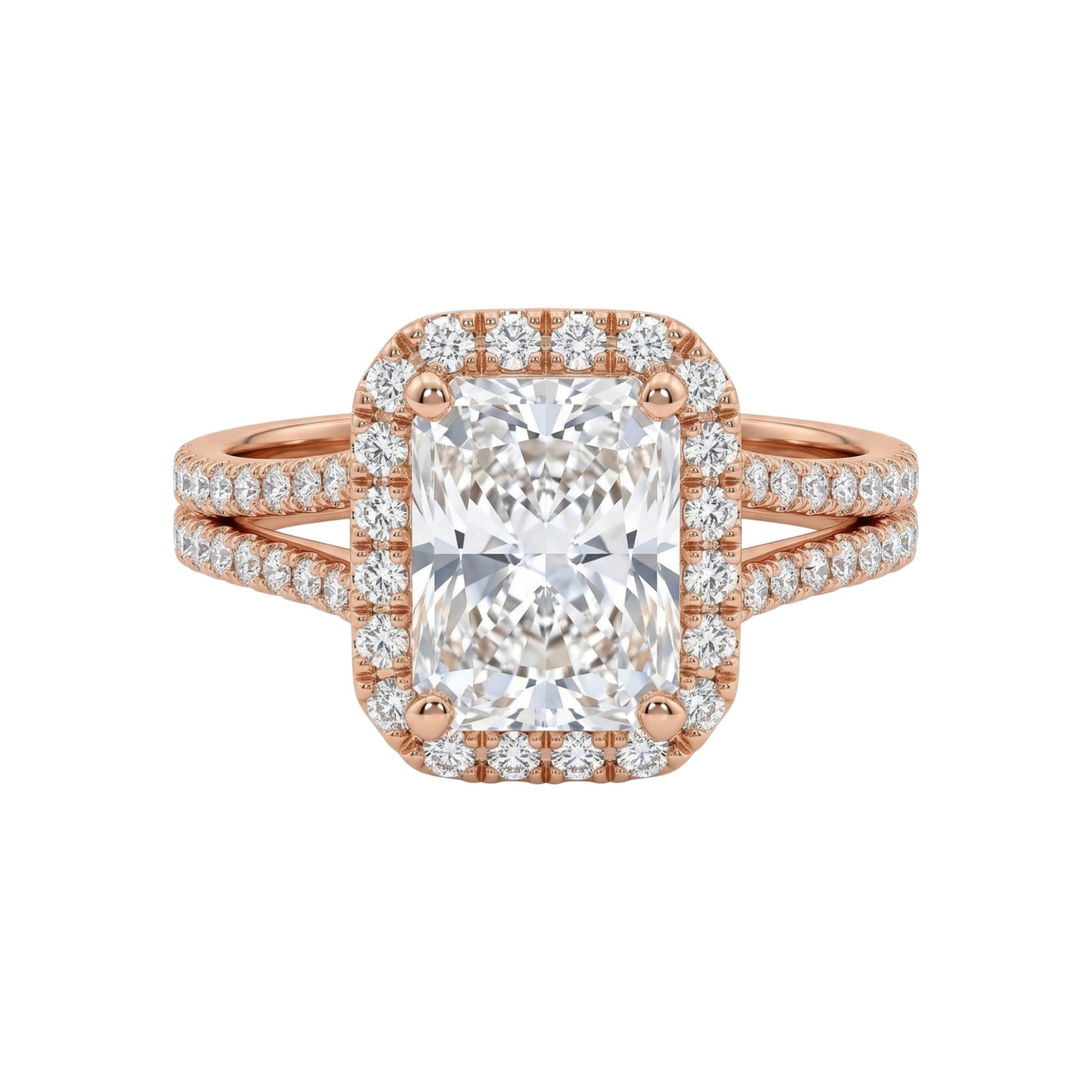 Rose gold ring with a large diamond and smaller diamonds on a white background