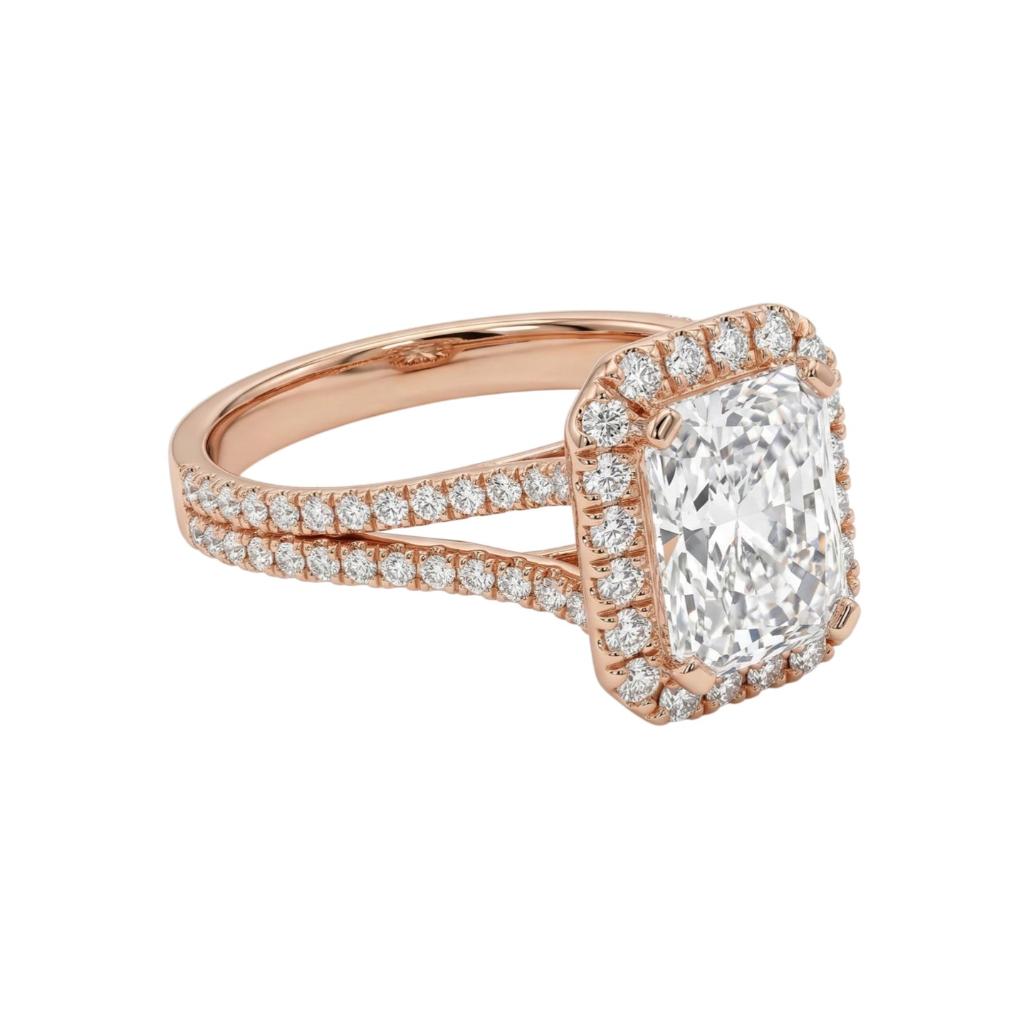 Rose gold ring with a large diamond and smaller diamonds on the band against a white background