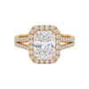 Gold ring with a large diamond and smaller diamonds on a white background