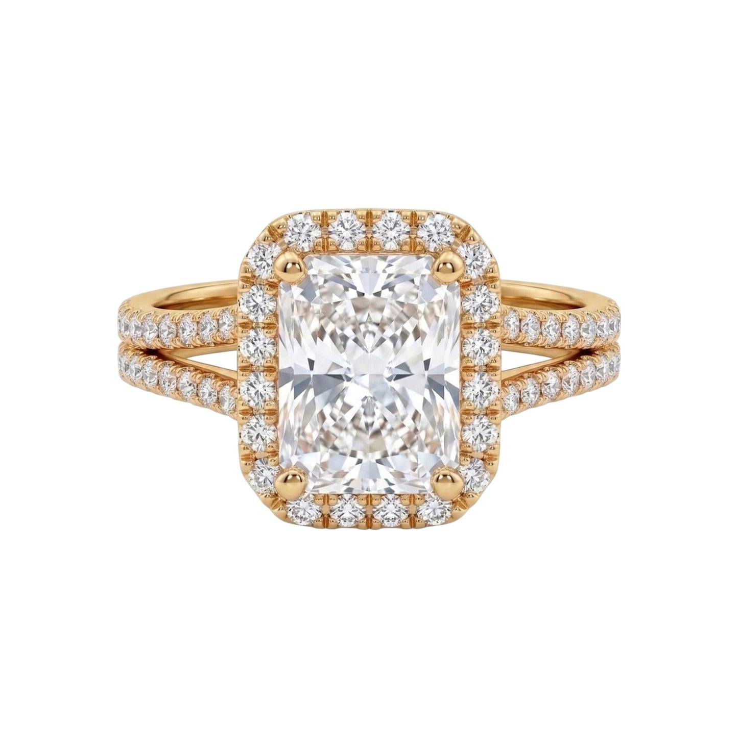 Gold ring with a large diamond and smaller diamonds on a white background