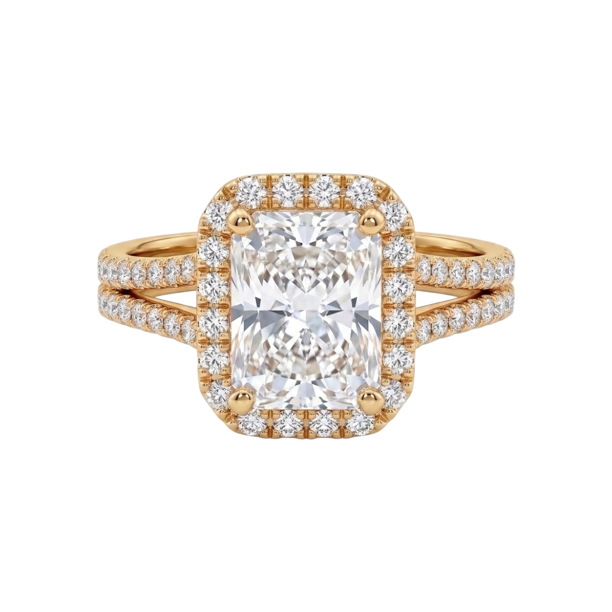 Gold ring with a large diamond and smaller diamonds on a white background