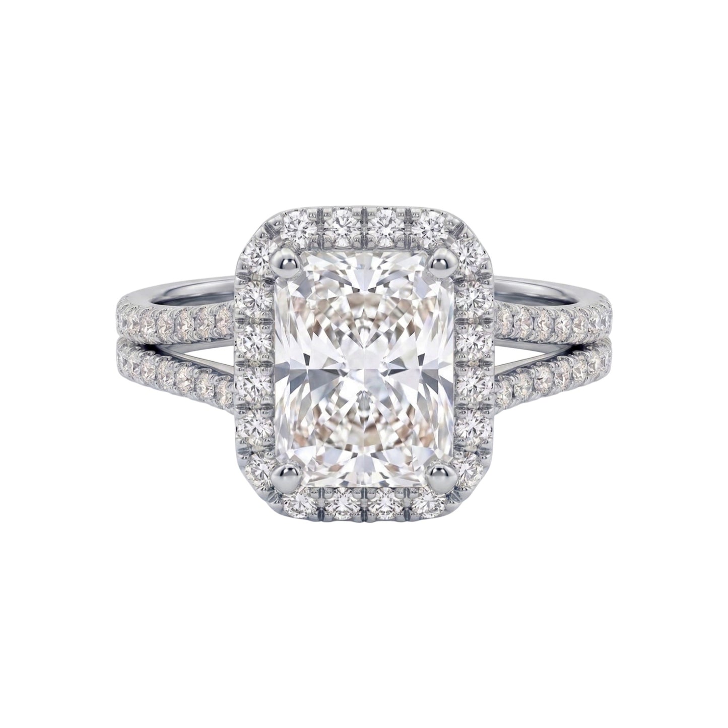 Diamond ring with a central gemstone and smaller diamonds on a white background