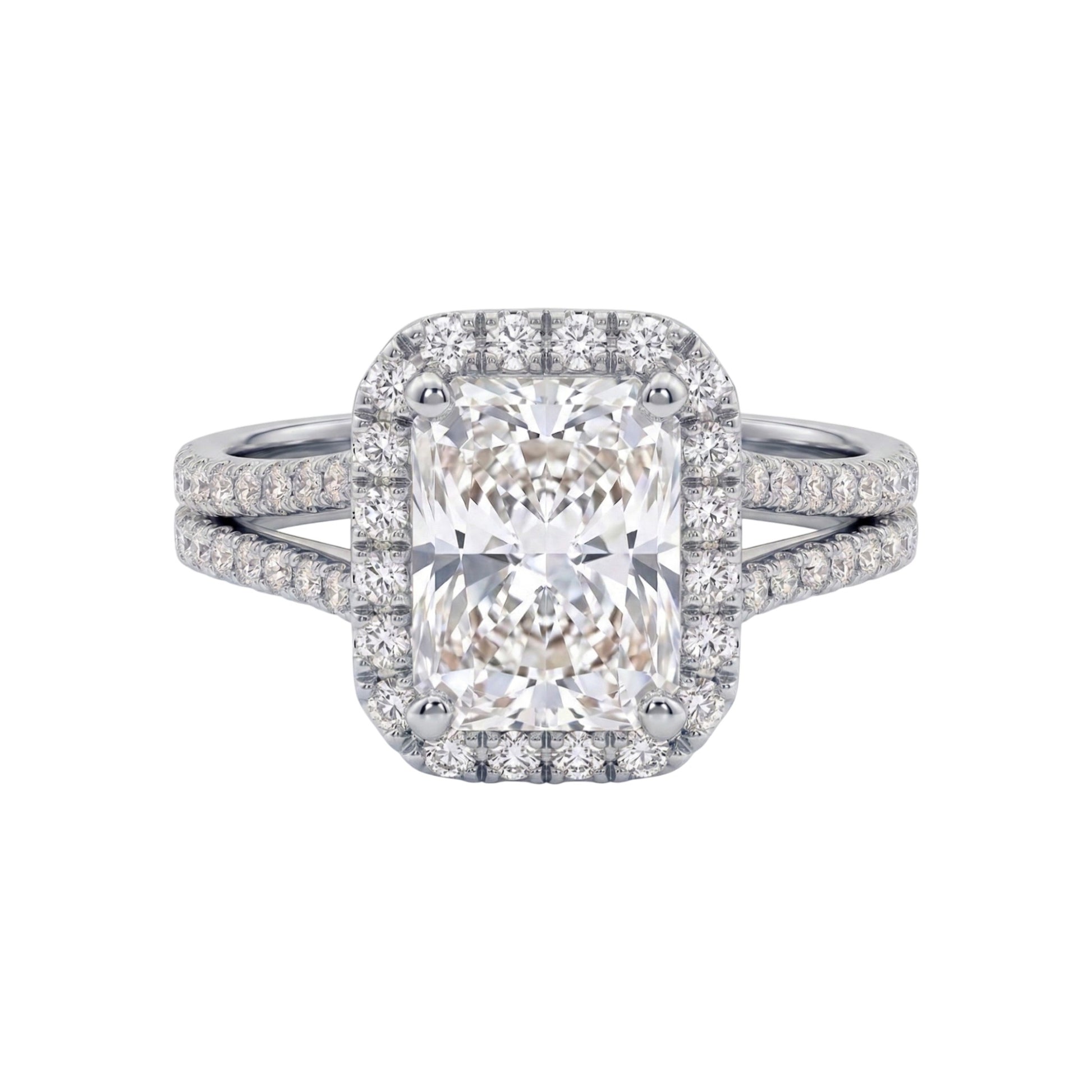 Diamond ring with a central gemstone and smaller diamonds on a white background