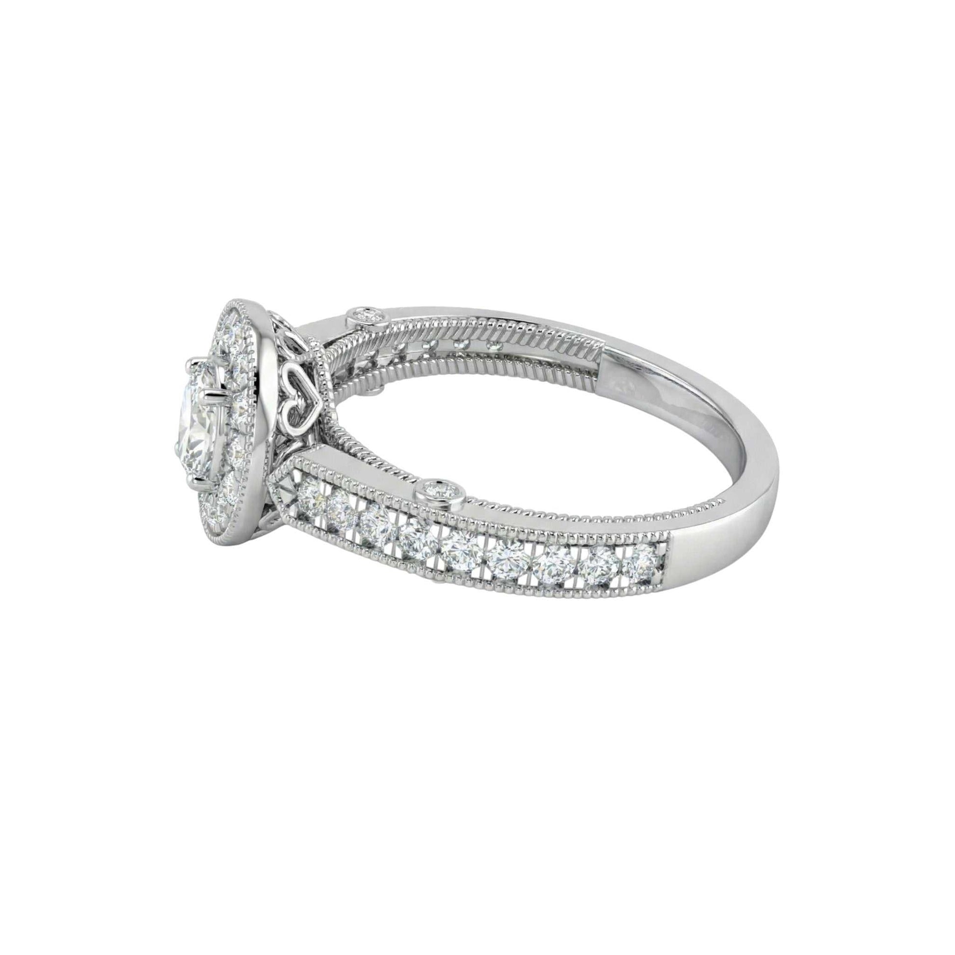 Silver ring with diamond accents on a white background