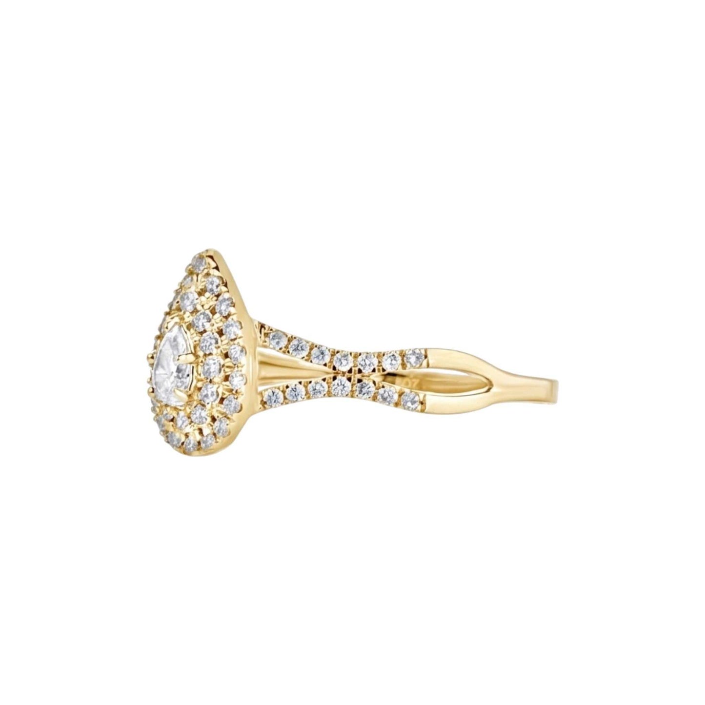 Gold ring with diamond accents on a white background