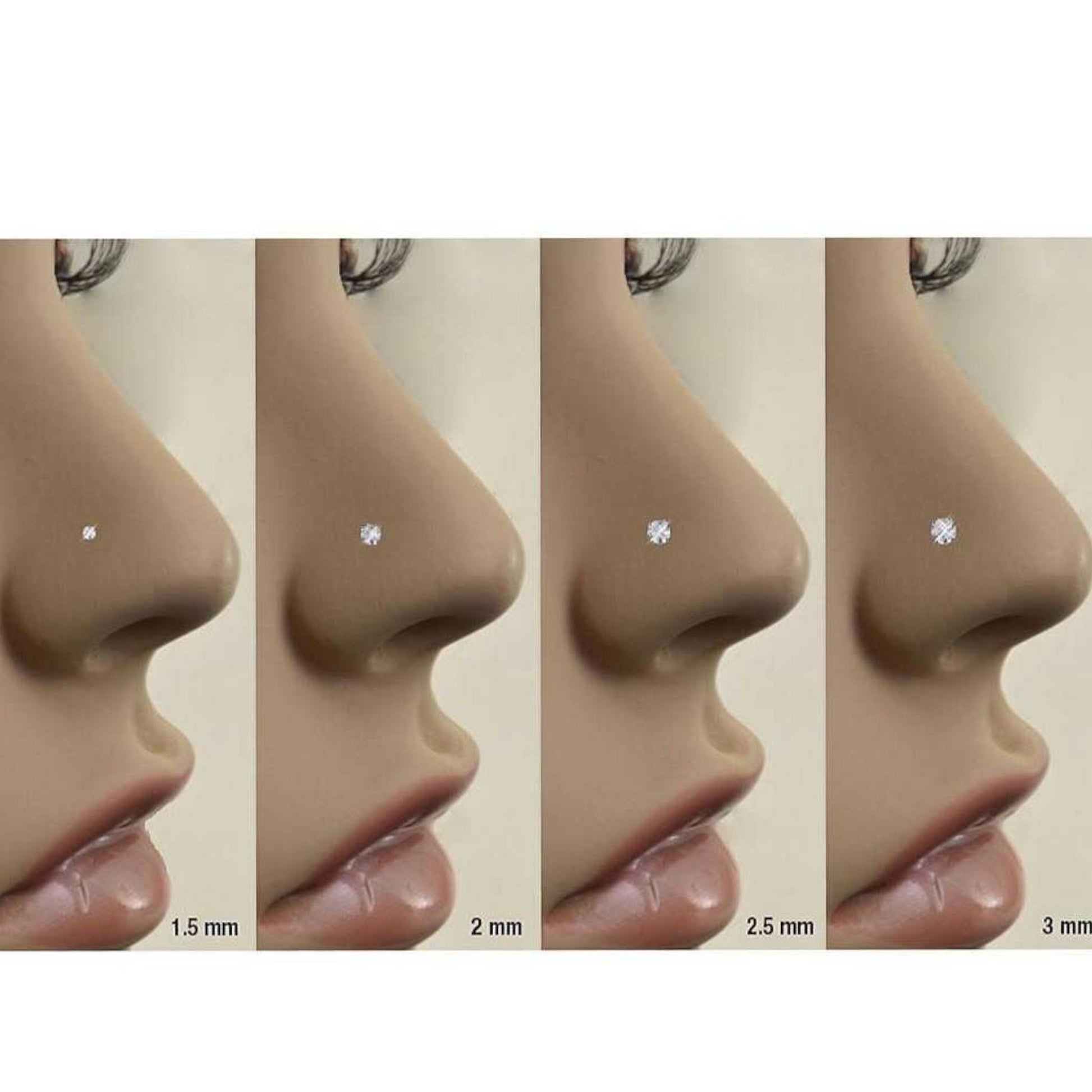 Nose stud earrings displayed on mannequin noses with different sizes.